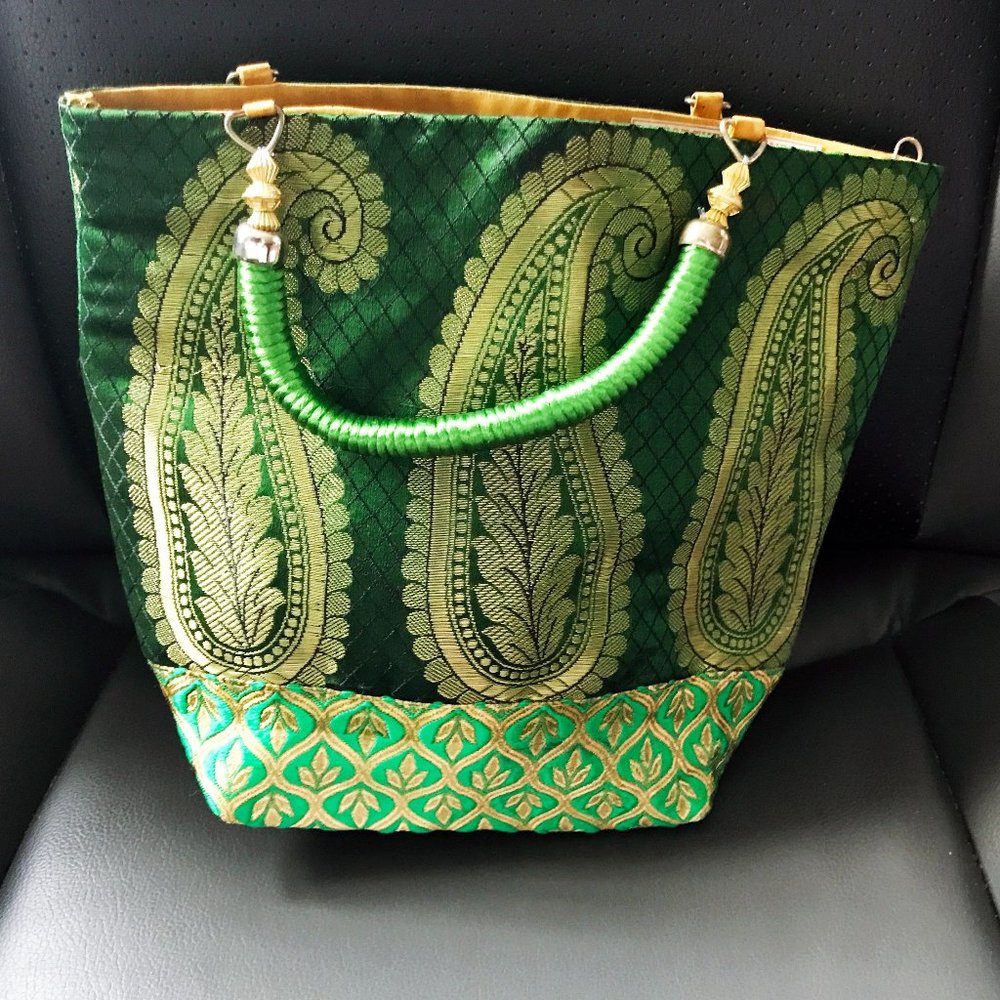 Green & Gold Recycled Sari Handbag